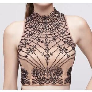 XSCAPE Crop Top Womens L Beige Black Beaded Rhinestone High Neck‎ Formal Evening